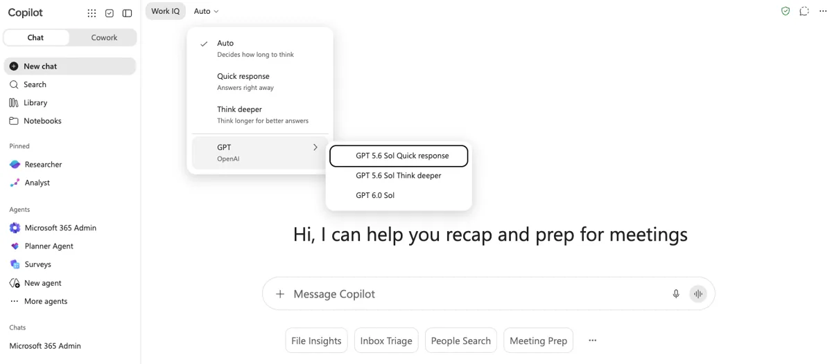 Microsoft 365 Copilot work chat at prep: mode left on Auto, the default. The GPT submenu offered GPT 5.6 Sol and GPT 6.0 Sol.