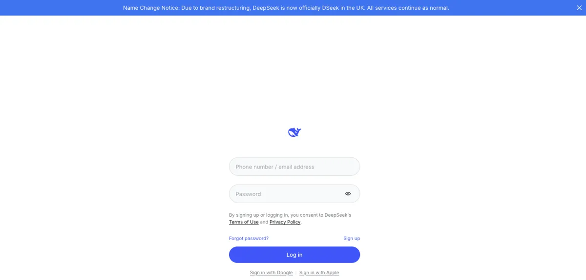 DeepSeek’s UK name-change notice (“DSeek”) at login, prep day.