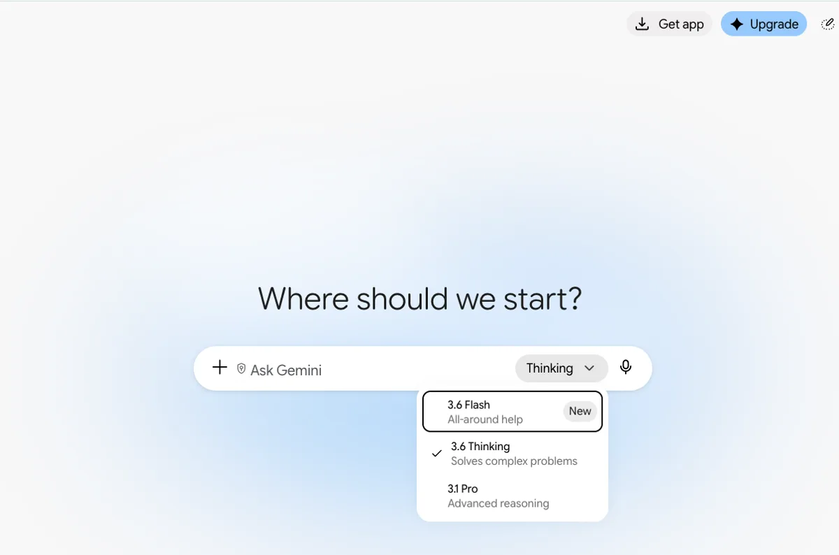 Gemini in Google Workspace at prep: 3.6 Thinking, the default, competed. 3.1 Pro was also offered.