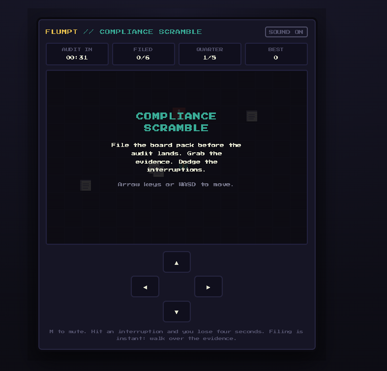 Compliance Scramble: an 8-bit start screen with audit timer, filed counter, quarter indicator and a D-pad below the playfield.