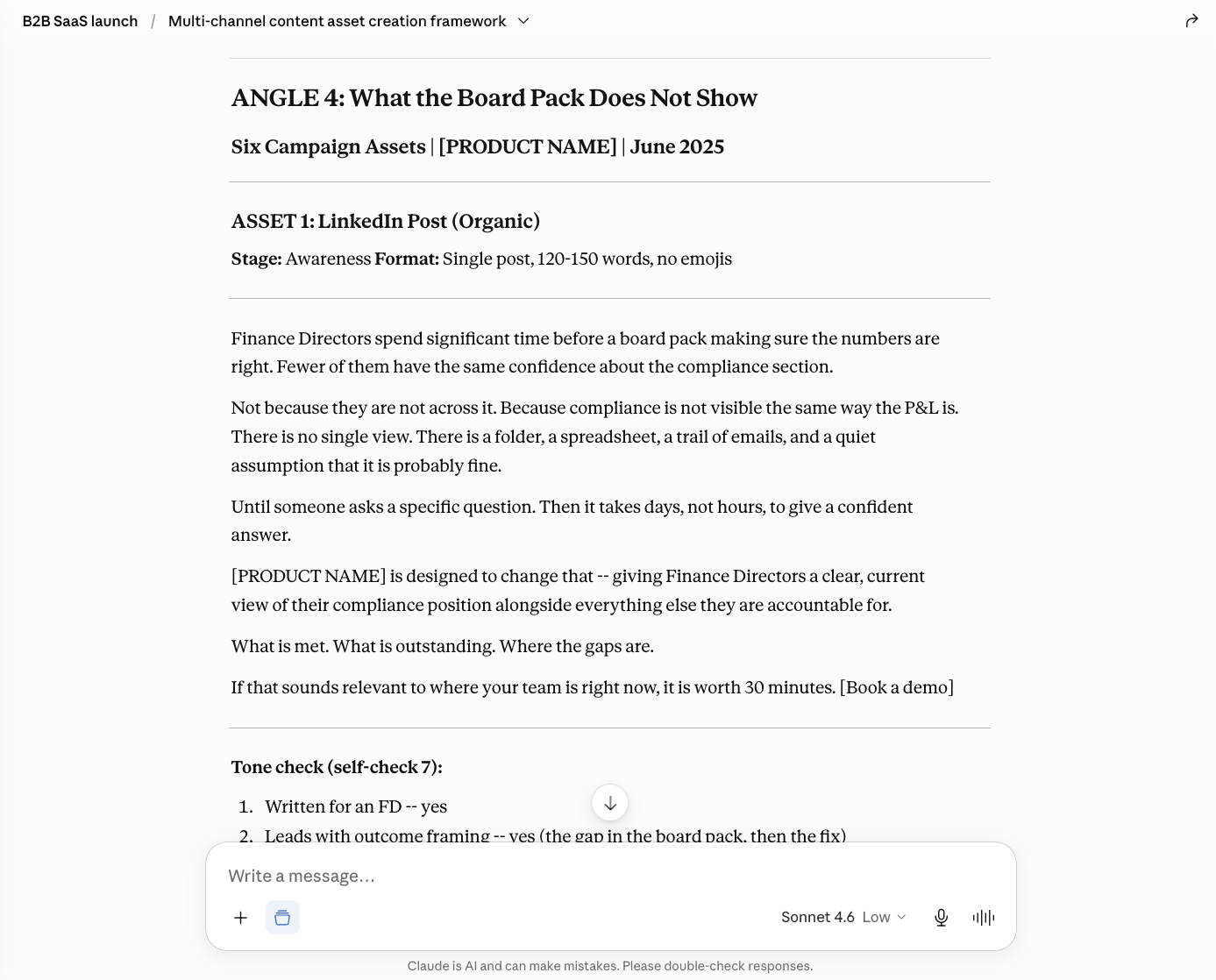 An asset from Step 5: 'ANGLE 4: What the Board Pack Does Not Show' with a LinkedIn post drafted for Finance Directors, written in the chosen voice.