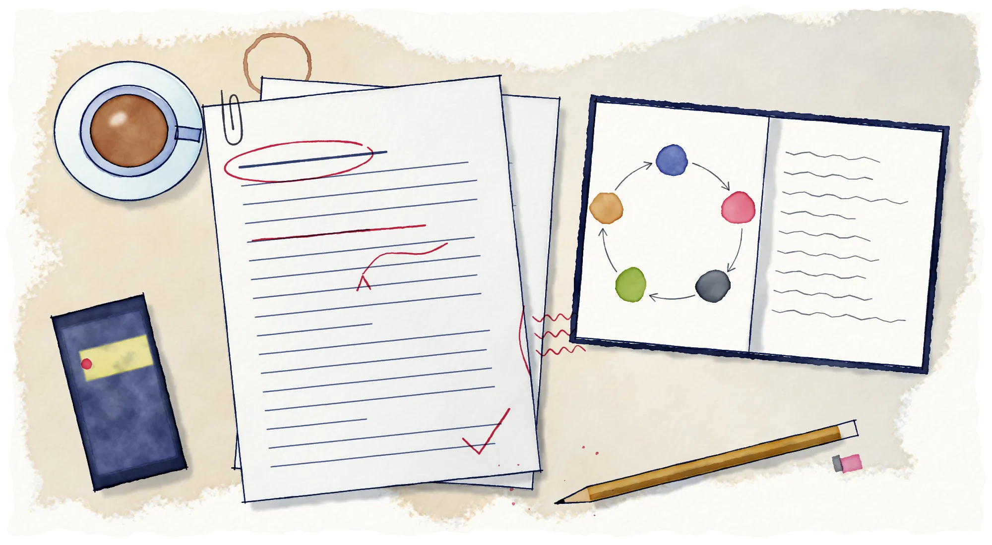 Watercolour of a desk seen from above: a cup of tea, a phone showing an alert, an open notebook with five coloured dots drawn in a loop, a pencil, and a printed draft marked up in red pen with a circled headline, a struck-out line and a tick.