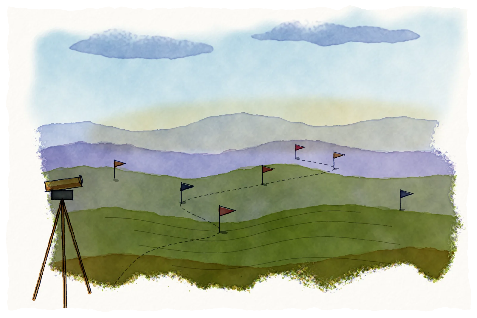 Watercolour landscape of rolling hills under a pale sky, with small red and blue flags planted across the hills, a dotted path linking them, and a surveyor's telescope on a tripod in the foreground.