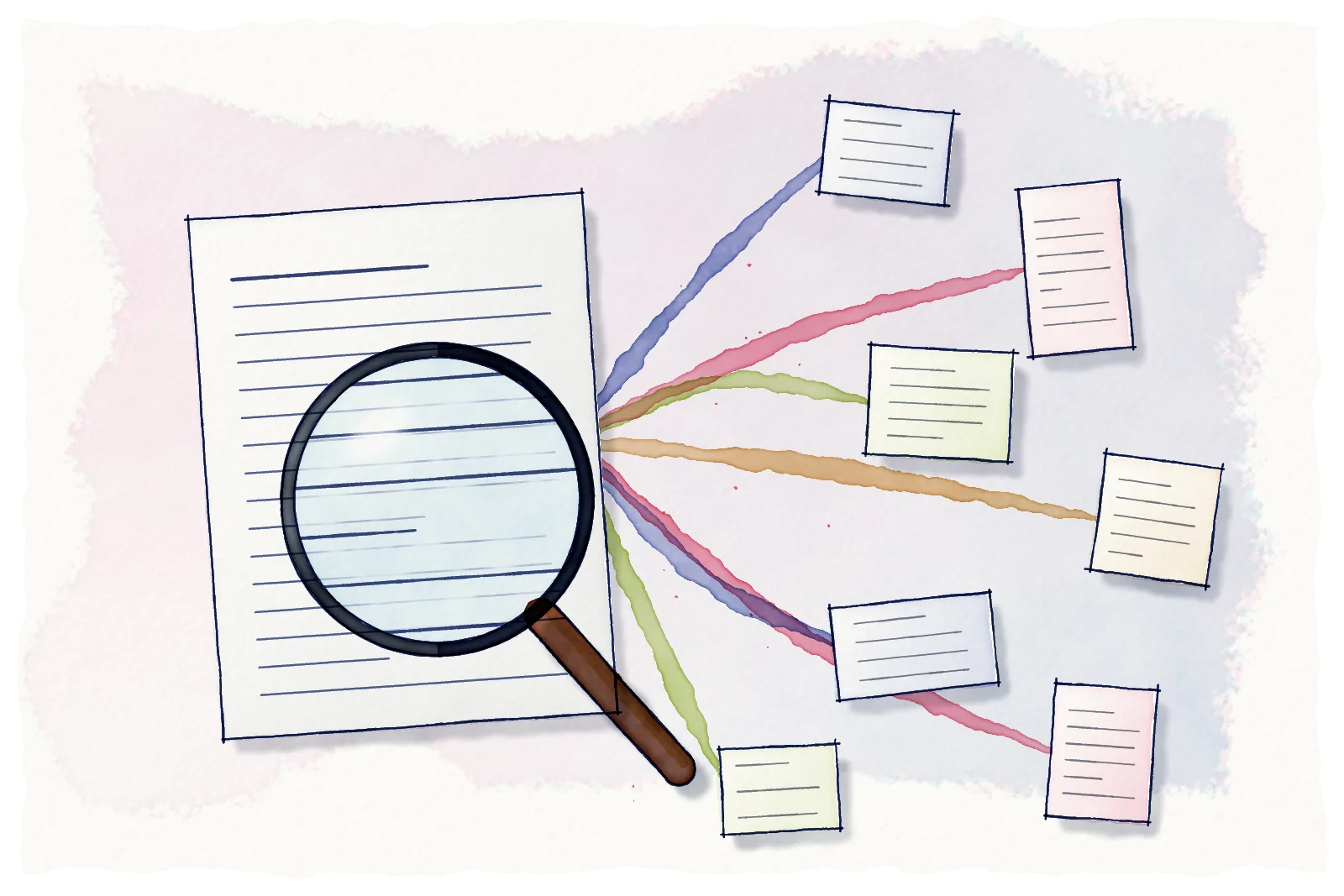 Watercolour of a printed master document under a large magnifying glass, with coloured ribbons flowing from it to seven smaller cards of different shapes.