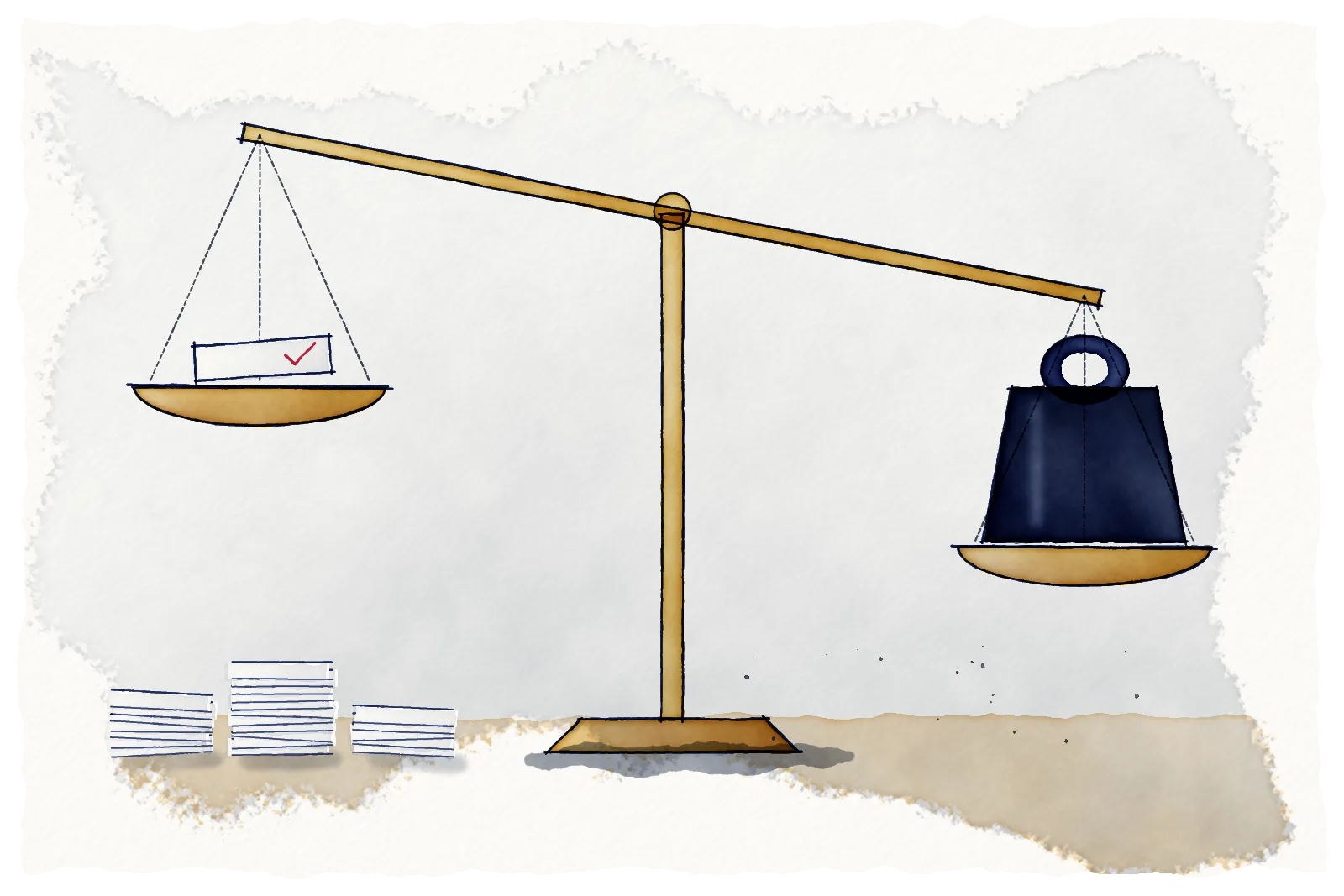 Watercolour of a brass balance scale: the raised pan holds a single sheet of paper with a tick, the lowered pan holds a heavy dark weight. Small stacks of paper wait on the floor beside it.