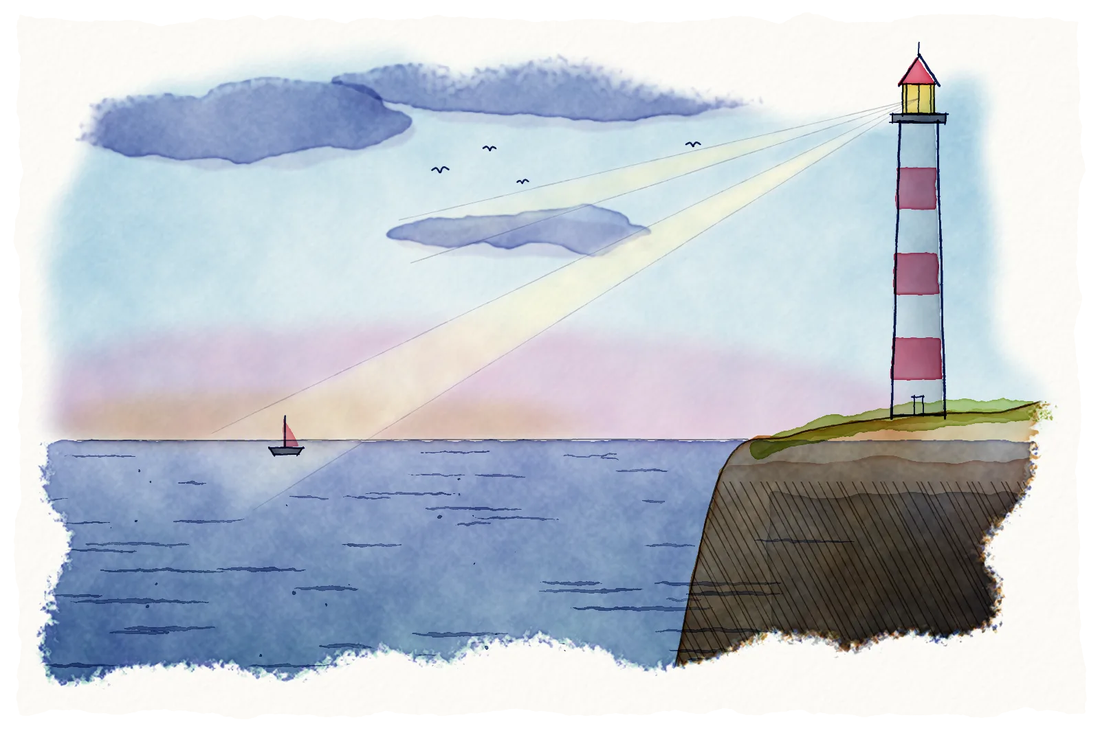 Watercolour of a striped lighthouse on a grassy headland at dusk, its beam crossing a calm sea to pick out a small sailing boat on the horizon.