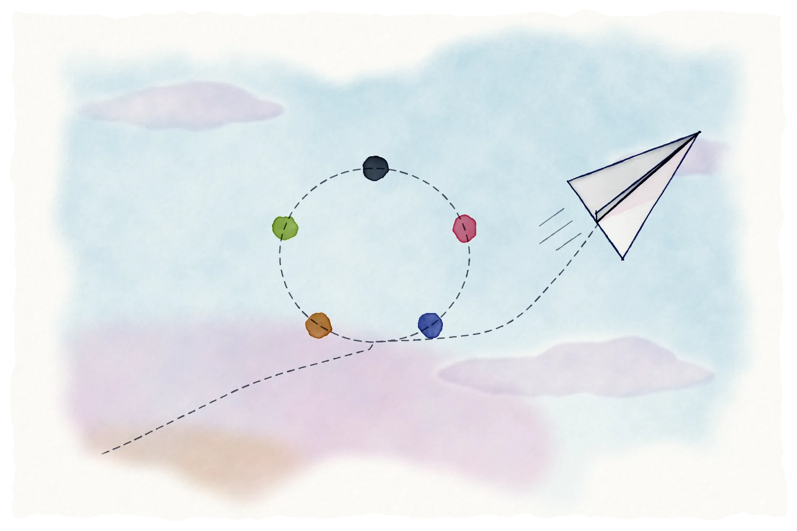Watercolour of a paper aeroplane in a pale sky, its dotted flight path looping once through five coloured dots before heading off to the upper right.