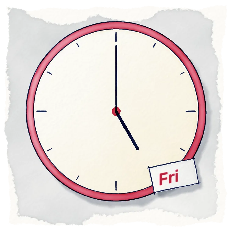 Watercolour of a wall clock at five o'clock with a small tag reading Fri.