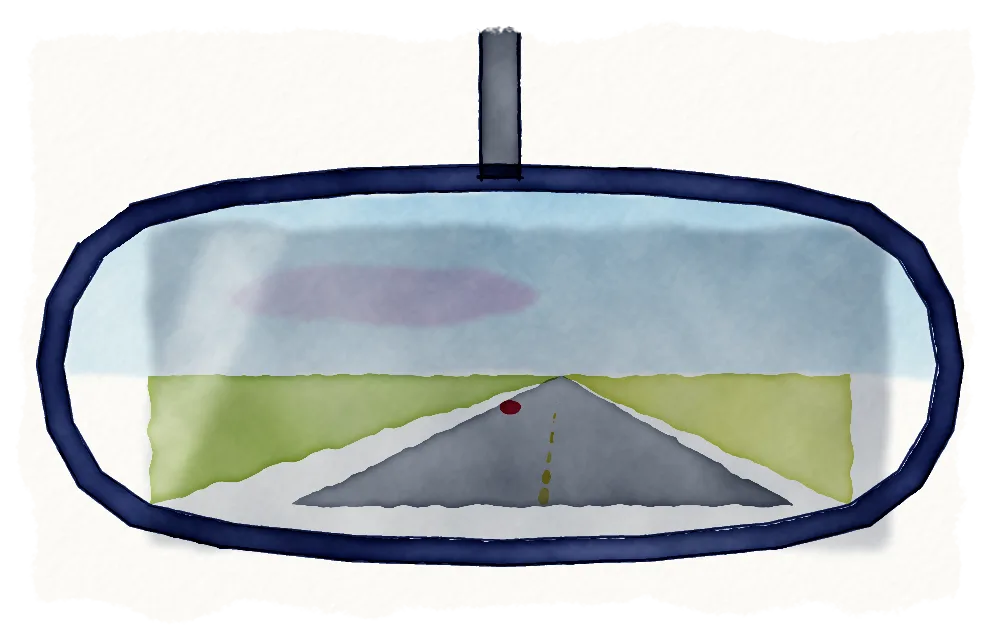 Watercolour of a car's rear-view mirror reflecting an empty road receding behind.