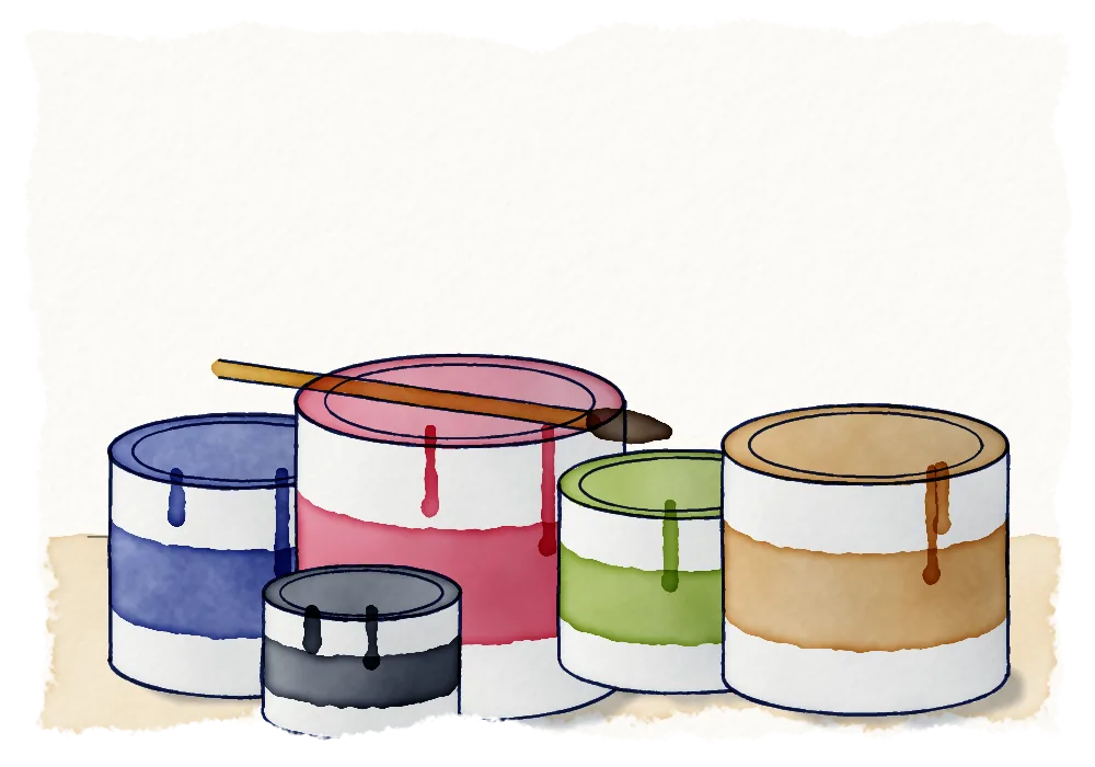 Watercolour of five half-used tins of paint in different colours, with drips down their sides and a brush resting across one.