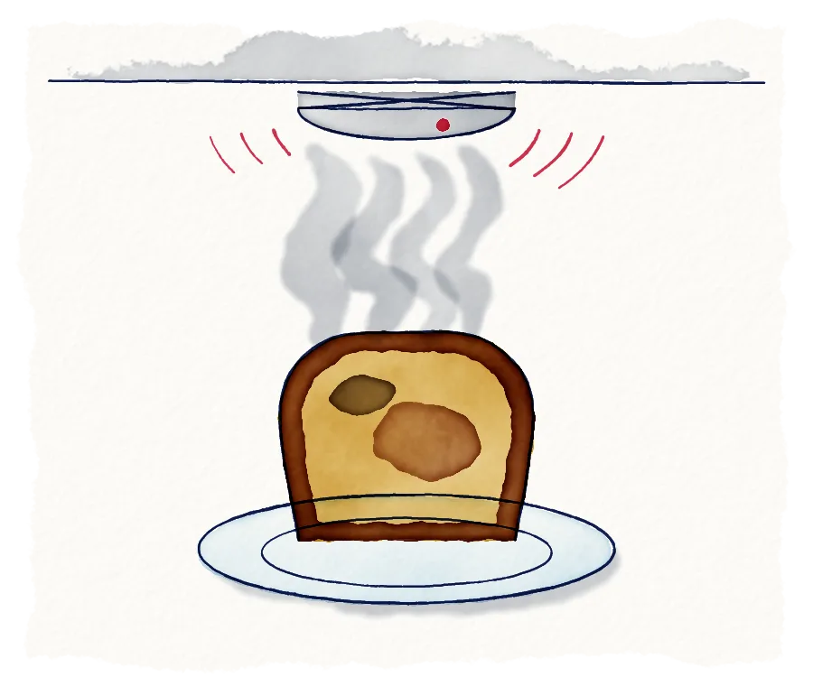 Watercolour of a smoke alarm on a ceiling going off over a slice of slightly burnt toast.